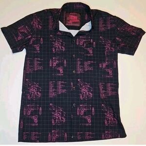 Retro Rifle Ammo Button Down Shirt Sz M Black Pink Polyester Mens Short Sleeve